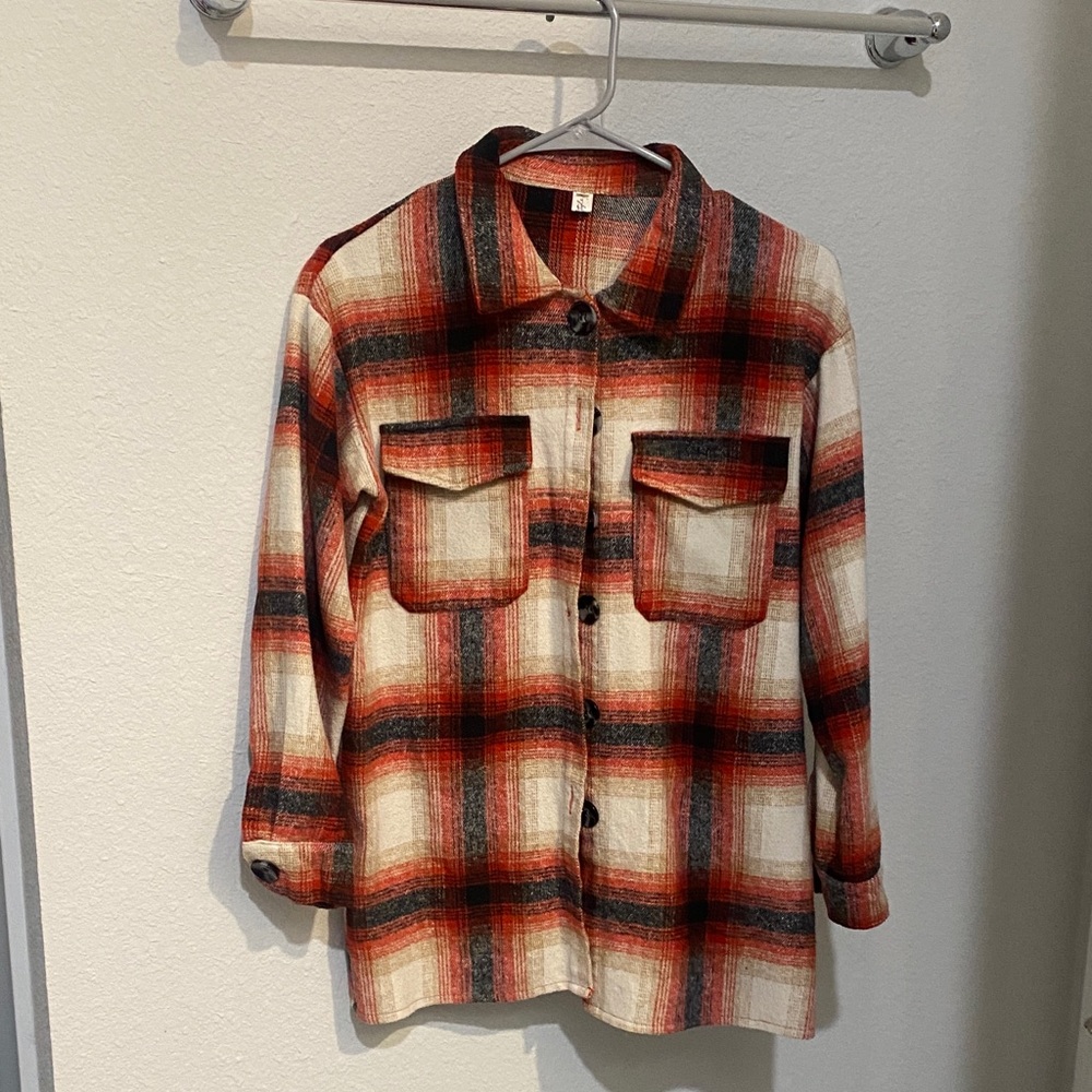 Plaid Button-Up Shirt/ light jacket